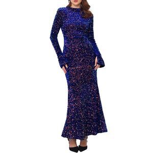 Women's Sequin Maxi Dress Velvet Long Sleeve Cocktail Bodycon Dress Royal Blue